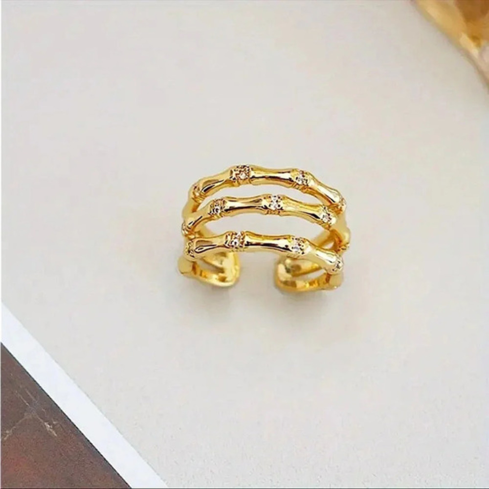 Gold Tone Bamboo Adjustable Open Band Ring Layered Statement NWT